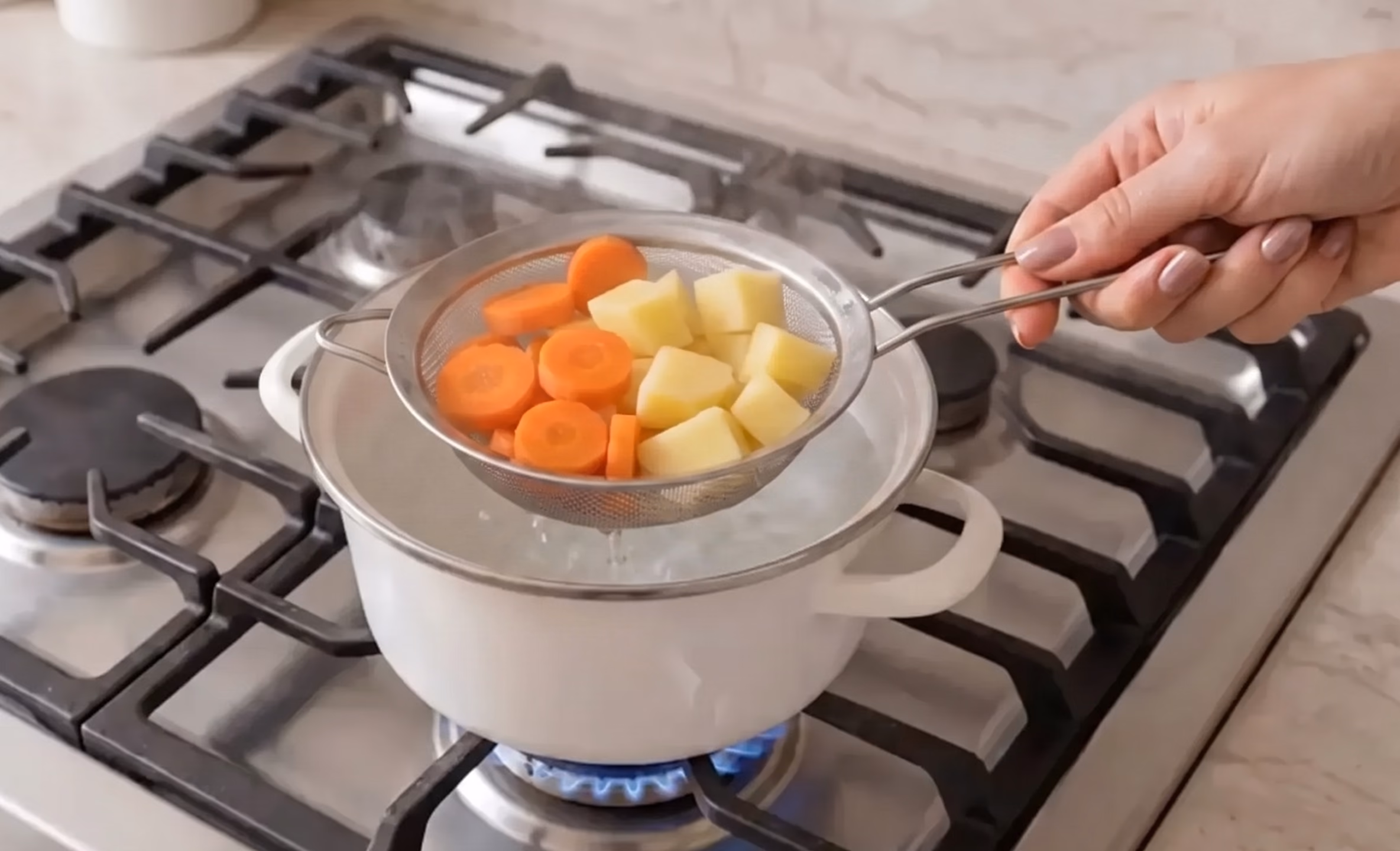 Сито с длинной ручкой с продуктами над кастрюлей с кипящей водой